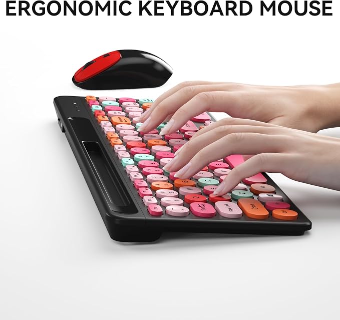 Retro Typewriter Wireless Keyboard with Round Keycaps, 2.4GHz Compact USB Cute Wireless Keyboard and Mouse Combo for Desktop, Laptop and Computer
