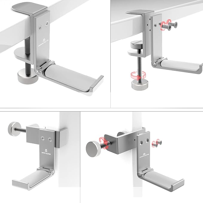Foldable Headphone Stand and Hook โ Aluminum Headset Holder Clamp Mount Under Desk, Universal Fit for Gaming Headphones, Space-Saving Hanger Organizer