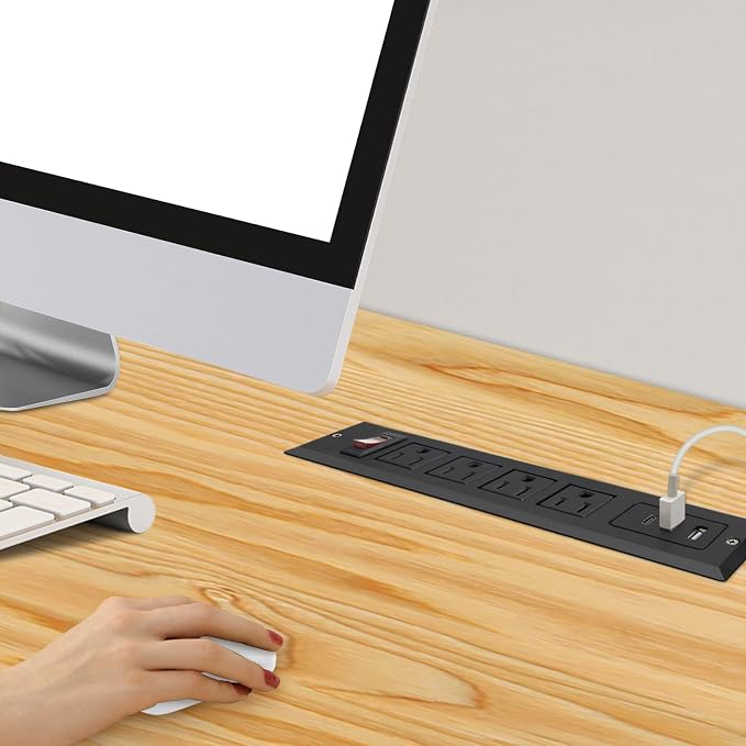 20W Mountable Power Strip USB C Recessed Power Strip USB-C Fast Charge 4 Outlet 3 USB Multiple Protection Built in Conference Desk Counter Workbench for PC Home Electric Appliance (USB C Black)
