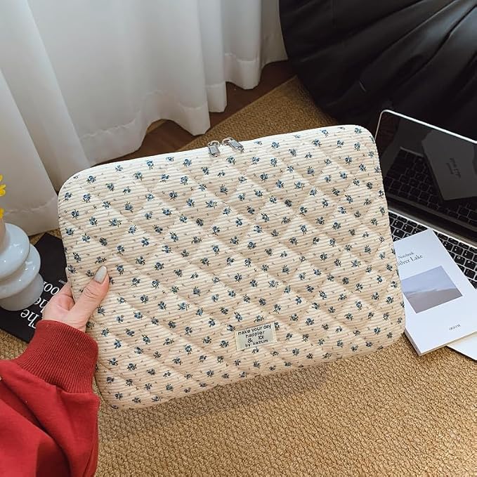 Puffy Laptop Sleeve 13-15.6 Inch Corduroy Quilted Laptop Protective Case Cute Floral Computer Sleeve Protective for MacBook
