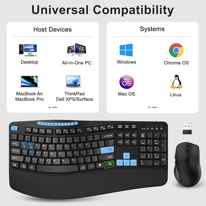 Wireless Keyboard and Mouse Combo, Ergonomic Keyboard with 6 Multimedia Keys, 2.4G Full Size Keyboard with Wrist Rest, 3-Level DPI Wireless Silent Mouse with 6-Buttons, for Windows (Blue Black)