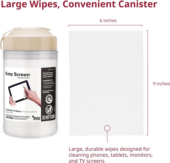 Easy Screen Cleaning Wipes, Electronic Screen Cleaning, Laptops, Monitors, Phone, Tablet, TV Screen Cleaning Wipe, 70 Wipes per Canister, Large 9"x 6" Durable Wipe (Pack of 3)