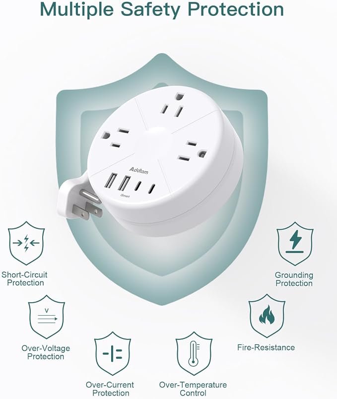 Addtam Travel Esstentials - Cruise Approved Power Strip with 5ft Retractable Cord, Ultra Thin Flat Plug, 3 Outlets 4 USB (2 USB C), Non Surge Protector for Travel/Cruise/Home/Dorm/Office, ETL Listed