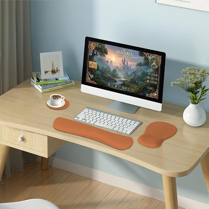 RICHEN Wrist Rest Support for Mouse Pad&Keyboard Set with Coaster,Concave Curved Memory Foam, Non-Slip Base Pain Relief Comfortable Easy Typing Pad for Home/Office (Starry Orange)
