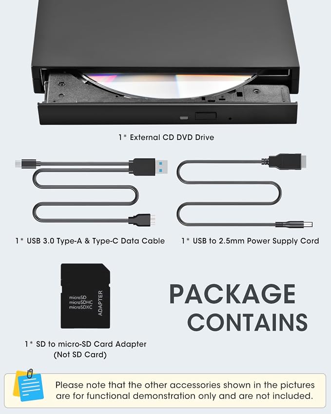 ROOFULL 5 in 1 External CD DVD Drive with USB 3.0 Ports and SD Card Slot, USB-C CD Burner DVD Player Reader Writer for Laptop Desktop PC, Windows 11/10 Laptop, Mac MacBook, Linux