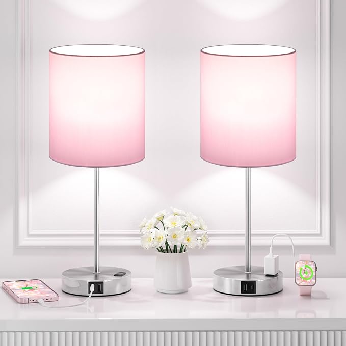 Pink Touch Lamps for Nightstand Set of 2 - Bedside Table Lamp for Bedroom with Dual USB Ports & AC Outlet, 3-Way Dimmable Lamps for Living Room Boys Room, Night Light with 5000K Daylight Bulbs