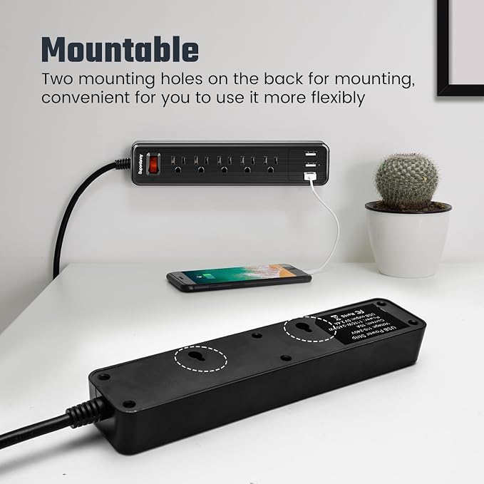 Power Strip USB Surge Protector, SUPERDANNY Mountable Extension Cord with USB 5 Outlets 3 USB Ports with Hook & Loop Fastener for iPhone iPad PC Home Office Travel (9.8ft, Black)