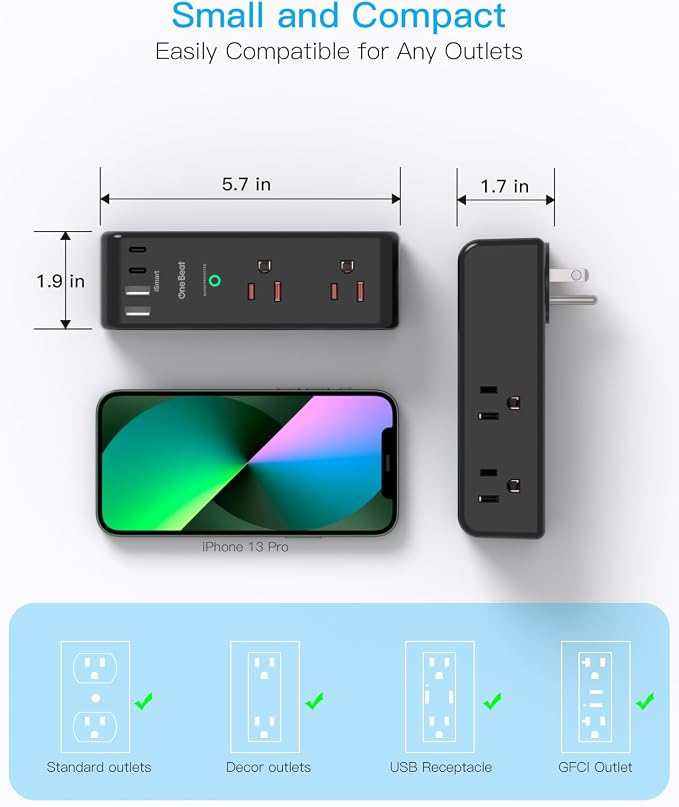 Surge Protector Outlet Extender with Rotating Plug, 6 AC Multi Plug Outlet with 4 USB Ports (2 USB C), 1800 Joules, 3-Sided Swivel Power Adapter with Spaced Outlet Splitter for Dorm, Office, Black