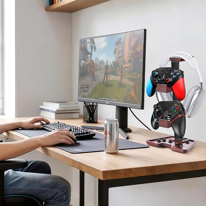 Solid Wood Headphone Stand Controller and Headset Stand Game Controller Holder for Desk Hanger Organizer Gaming Set Up Accessories for Xbox PS4 PS5 Nintendo Switch