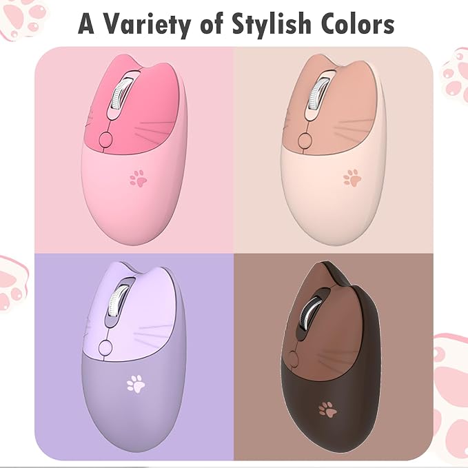 Lomiluskr Cute Cat Wireless Mouse, Lightweight Soundless Mice, 2.4G Wireless Mice, Candy Colors, Kawaii Mouse for Girls and Kids (Coffee)