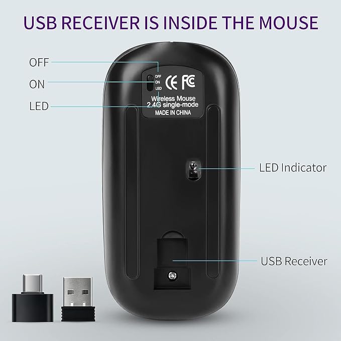 KBCASE Wireless Mouse, LED Wireless Mouse for Laptop, Slim Silent Mouse 2.4G Rechargeable Wireless Computer Mouse for Laptop, MacBook, iPad, Chromebook, with USB & Type-c Receiver