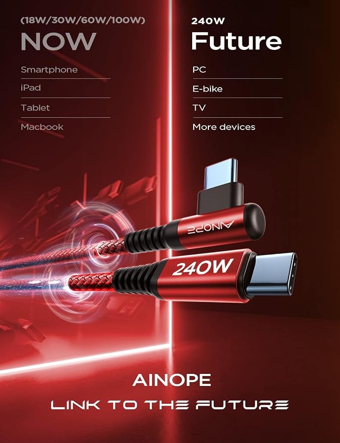 AINOPE 240W Long USB C Cable 10 ft USB C Cable Fast Charging Type C Charger Right Angle Fit iPhone 16 15 Pro MacBook Max iPad Samsung 25 10FT Red