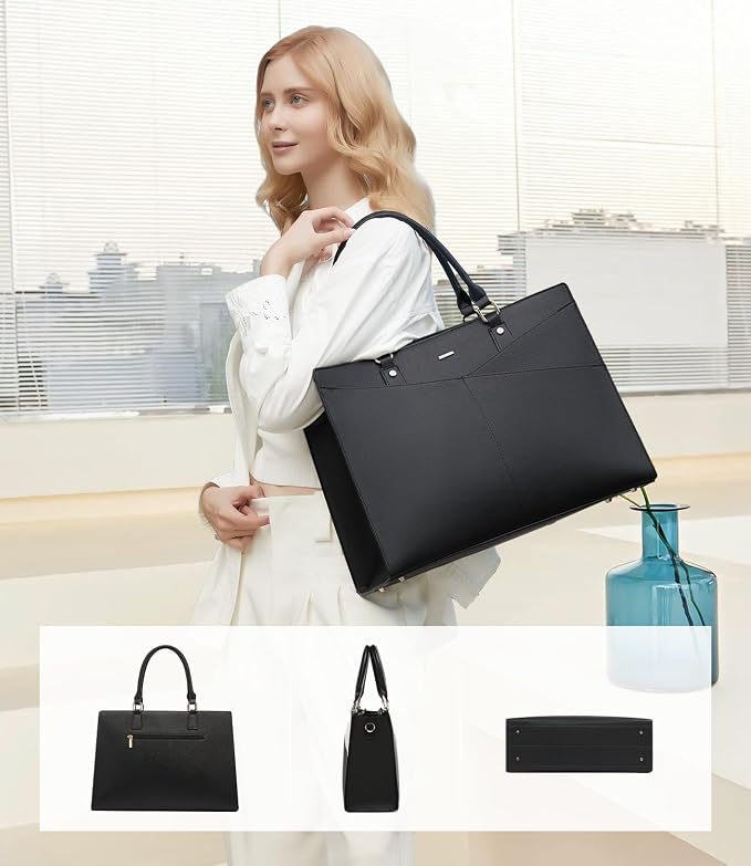 LOVEVOOK Laptop Tote Bag for Women, Leather Business Office Work Bag Computer Briefcase with Small Clutch fit for 17.3 Inch Laptop,Black