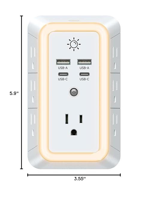 Multi Plug Outlet, USB Wall Charger, Surge Protector, 7 Outlet Extender with 4 USB Charging Ports (2 USB C) 1680J Power Strips Outlets with Night Light, Wall Plug Adapter Spaced for Home Travel Office