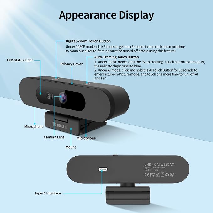 TOALLIN 4K AI Webcam for PC, AI Auto-Framing, WDR/HDR, Pic-in-Pic, Built-in Dual Mics, 5X Adjustable Zoom, Image Mirroring, 92° FOV Webcam for Video Conferencing, Streaming, Video Calls
