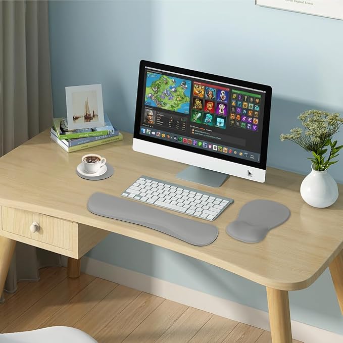 RICHEN Wrist Rest Support for Mouse Pad&Keyboard Set with Coaster,Concave Curved Memory Foam, Non-Slip Base Pain Relief Comfortable Easy Typing Pad for Home/Office (Light Gray)