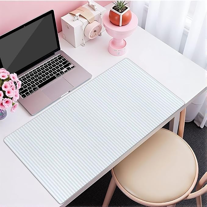 Large Mouse Pad Leather Non-Slip Waterproof Gaming Mouse Pad for Office Laptop Home Blue White Vertical Stripes Desk Protector Mat 31.5"x13.7" Writing Pad