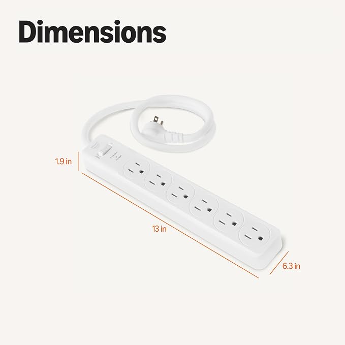 Amazon Basics Rectangle 6-Outlet Surge Protector Power Strip with Circuit Breaker, 600 Joule, 2ft Cord, White, 2-Pack