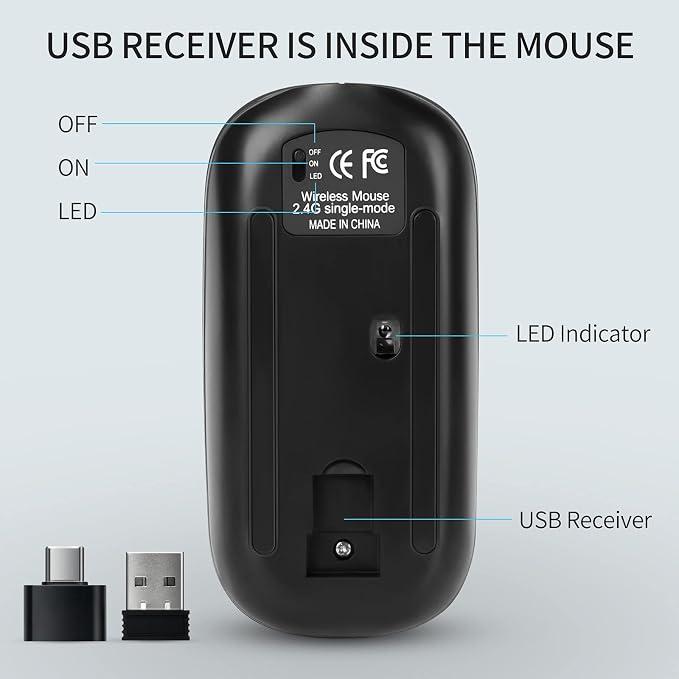 KBCASE Wireless Mouse, LED Wireless Mouse for Laptop, Slim Silent Mouse 2.4G Rechargeable Wireless Computer Mouse for Laptop, MacBook, iPad, Chromebook, with USB & Type-c Receiver