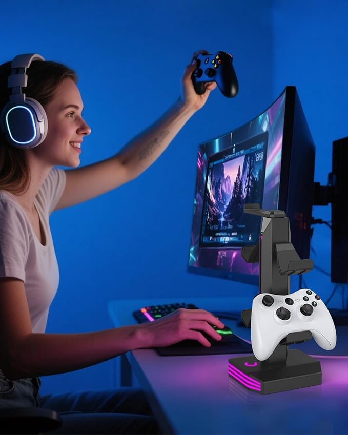 FINTIE RGB Headphone Stand, Gaming Controller Holder for Desk with 9 Lighting Modes, USB/Type-C Charging Ports, Headset Stand Earphone Hanger Accessories for Desktop