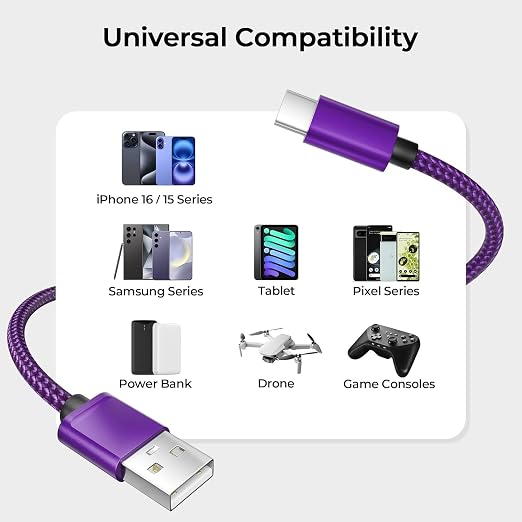 Basesailor for iPhone 17 16 Pro Max Charger Cord,USB to USB C Cable,Type C Charging Power Cord for Apple 17e 15 iPad 10 Air 4 5,Samsung Galaxy S26 S25 S24 S23,Purple,3Pack 1.5/3.3/6.6FT(0.5/1/2M)