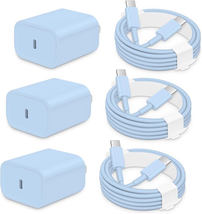 AISNI iPhone 17/16/15 Charger Fast Charging 3 Pack USBC Charger Block with 6 FT Type C Charger Fast Charging Cord Compatible with iPhone 17/17 Plus/17/16/15 Pro Max/16/16 Plus/15/iPad Pro-Blue