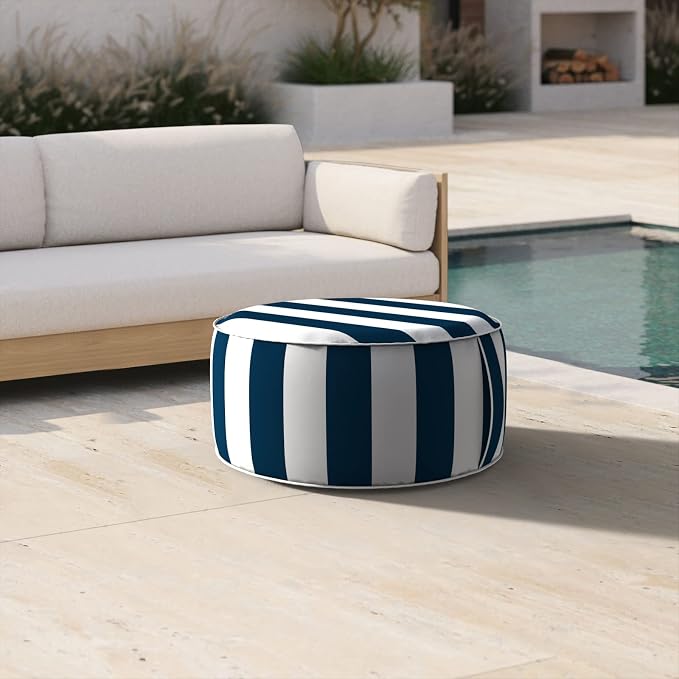 DYTXIII Inflatable Ottoman Stool D21 xH9 for Outdoor/Indoor Use, Water Repellent Patio Foot Rest Stool with Portable Handle,Round Pouf Ottoman Suitable for Garden,Deck and Camping - Cabana Navy