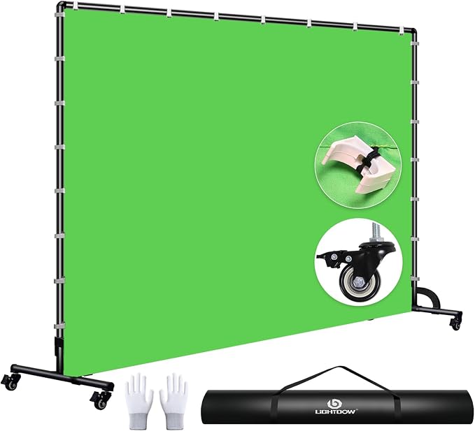 Lightdow 10x7ft Rolling Background Stand Kit with Green Screen Backdrop & Wheels & Portable Carrying Bag & Clamp & Gloves for Streaming/Studio Video Recording/Zoom Meeting/Party