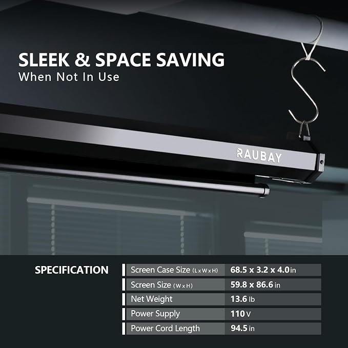 RAUBAY Motorized Pull Down Black Screen Backdrop - 59.8" x 86.6" Collapsible Wall-Mount Background for Professional Video Production, Photography Studio, Video Conferencing and YouTube, TikTok Creator