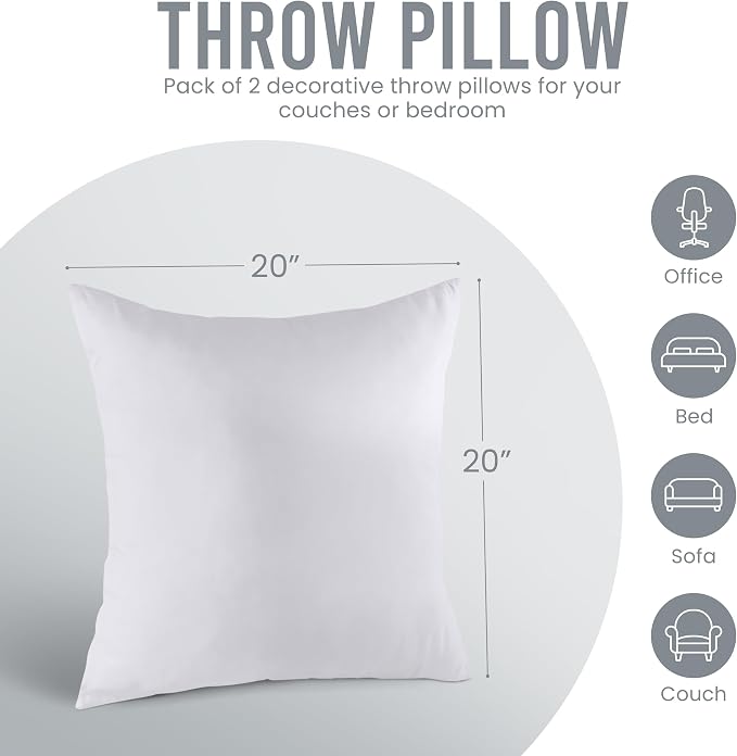Utopia Bedding 20x20 Pillow Inserts, Set of 2, White – Indoor Decorative Throw Pillows for Bed, Sofa & Couch – Soft, Supportive & Fluffy Cushion Inserts