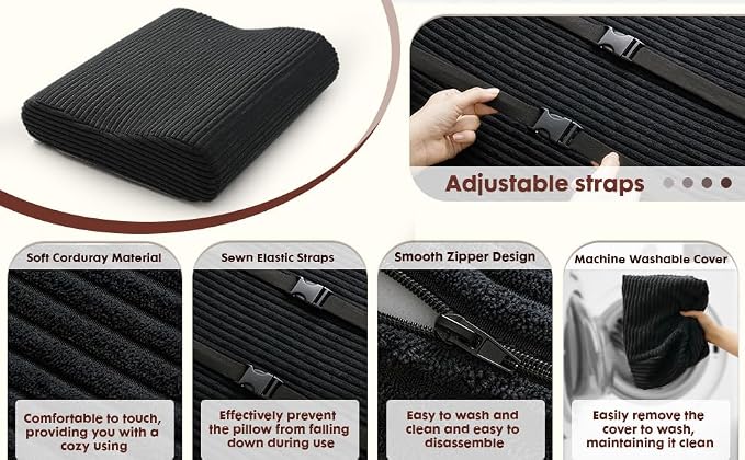B Shape Corduroy Recliner Foot Pillow, Foam Extra Large Foot Rest Cushion with Adjustable Straps, Suitable for Bed Chair Sofa Headrest Back Lumbar Leg Support Pillow (Black)