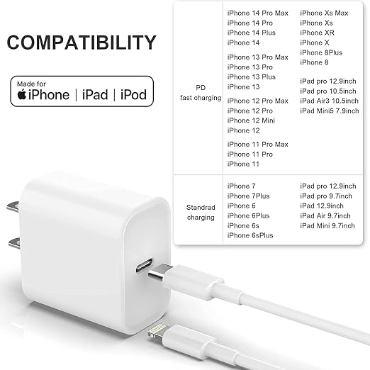 StinkLight iPhone 20W USB C Fast Charger with USB C to Lightning Cable & Compatible Cord for iPhone 14/13/12/11/XS/XR/X/iPad