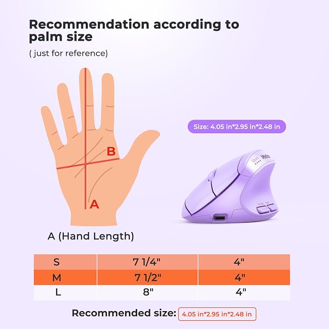 MEETION Ergonomic Mouse, Wireless Mouse, Bluetooth Vertical Rechargeable Mice, 4 Adjustable DPI 800-2400, Bluetooth 5.2+5.2+USB Mouse for Windows/Mac, for Laptop/PC/Desktop/Computer/iPad - Purple