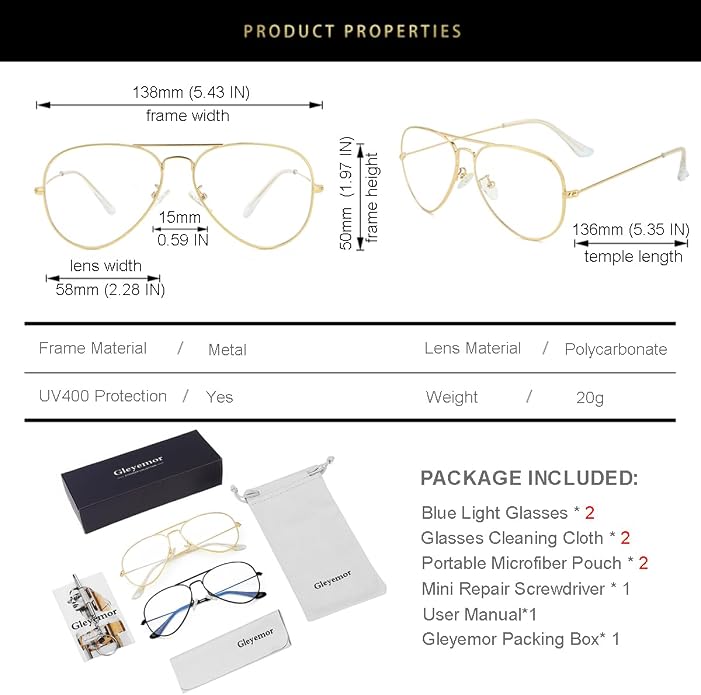 Gleyemor Blue Light Aviator Glasses for Women Men, Metal Frame Anti Blue Light Lens Computer Glasses
