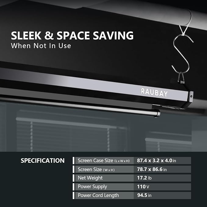 RAUBAY Motorized Pull Down Grey Screen Backdrop - 78.7" x 86.6" Collapsible Wall-Mount Background for Professional Video Production, Photography Studio, Video Conferencing and YouTube, TikTok Creator