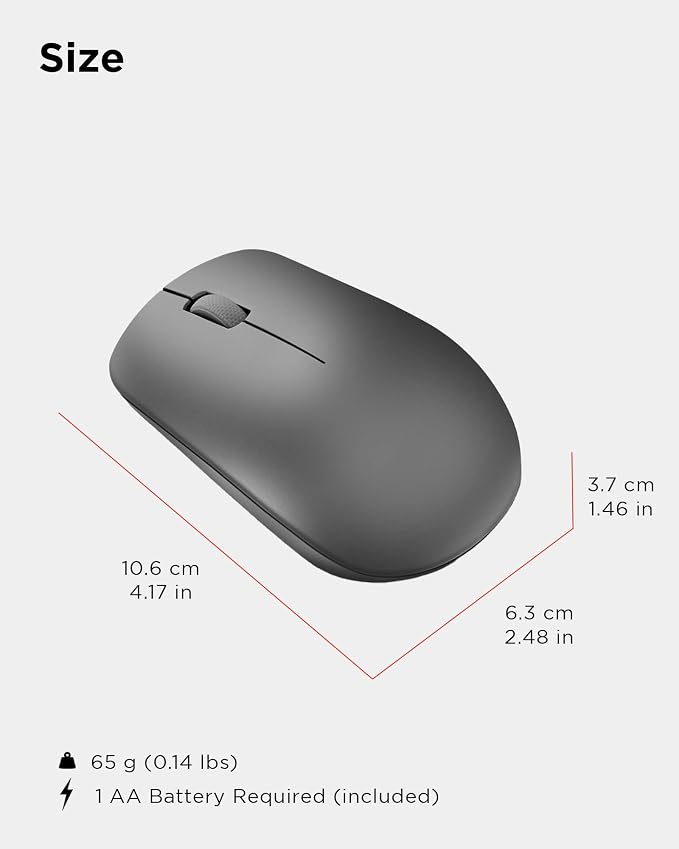 Lenovo 530 Full Size Wireless Computer Mouse for PC, Laptop, Computer with Windows - 2.4 GHz Nano USB Receiver - Ambidextrous Design - 12 Months Battery Life - Graphite Grey