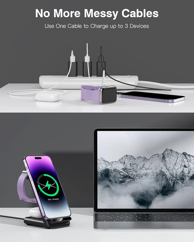 Wireless Charging Station,3 in 1 Charging Stand Made for Apple Watch Ultra 11 10 9 8 7 6 SE 5 4 3,Fast Wireless Charger Made for iPhone 17/Air/16/15/14/13/12,for AirPods Pro(with Adapter) (Black)
