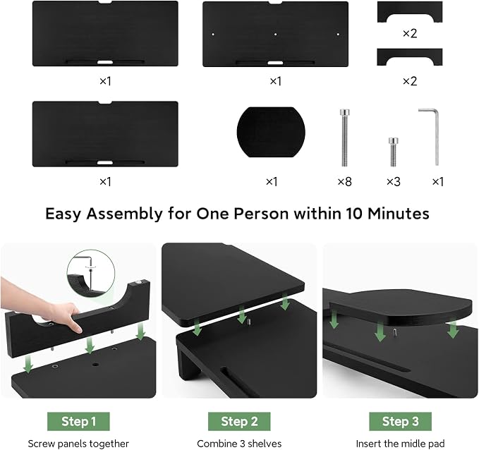 Nnewvante Monitor Stand Riser, 60 inch Large Bamboo Dual Monitor Stand for Desk, 3 Shelves Desktop Screen Riser with Adjustable Length Angle for Computer Laptop PC,Black