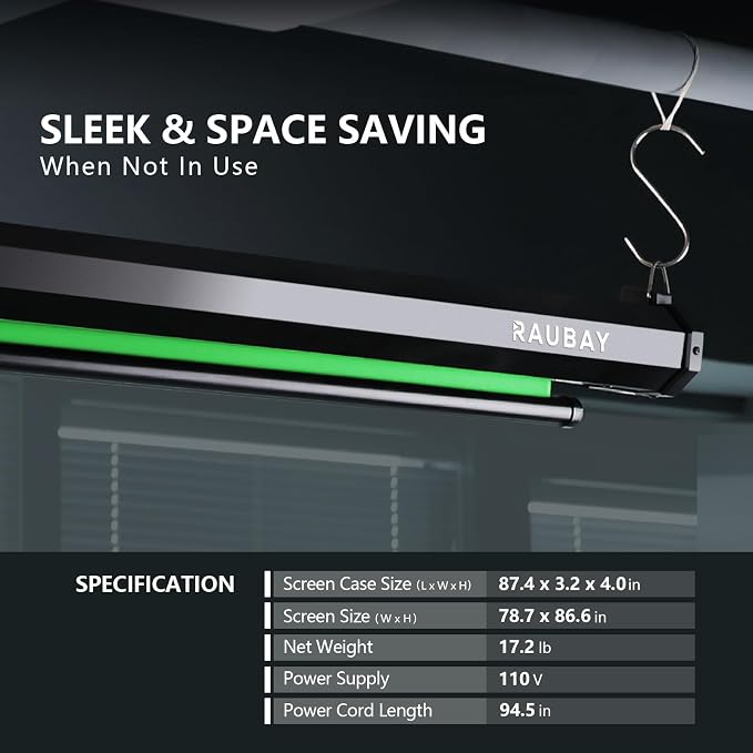RAUBAY Motorized Pull Down Green Screen - 78.7" x 86.6" Collapsible Wall-Mount Background for Professional Video Production, Chroma Key Backdrop for YouTube, TikTok, Streaming, Video Conferencing