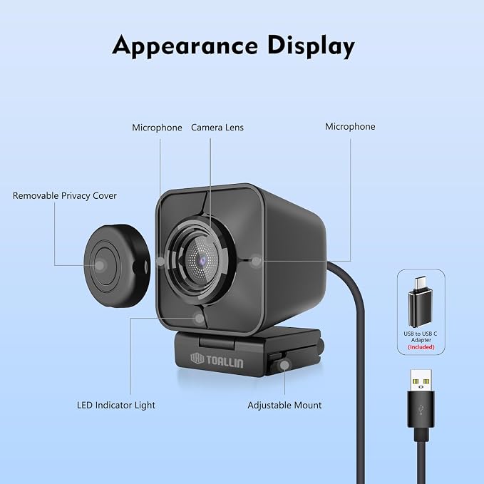 TOALLIN 4K Webcam for Streaming, Remote Control, 1/2.5" Sensor & 12MP, PDAF Auto-Focus, 5X Digital Zoom and Image Mirroring, Dual Noise-Reduction Mics, USB Web Camera for Conferencing, Video Calls