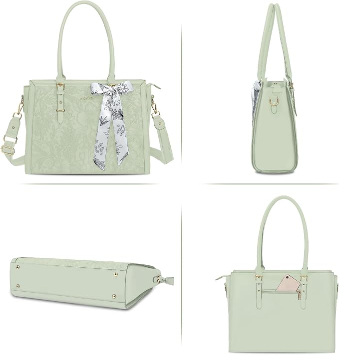 MOSISO Laptop Bag for Women, 17-17.3 inch PU Leather Tote Bag Compatible with MacBook, HP, Dell, Asus Notebook, Front Embossed Retro Hibiscus Computer Bags with Silk Scarf&Clutch Purse, Sage Green