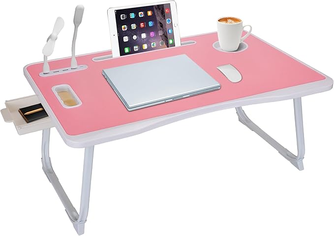 Laptop Bed Table, Laptop Desk for Bed, Foldable Laptop Bed Desk with USB Charge Port, Handle, Desktop Card Slot, Cup Slot, Side Drawer, Portable Laptop Table for Bed Eating Reading Working