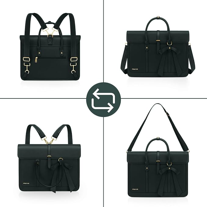 MOSISO Laptop Bag for Women, 15-15.6 inch PU Leather Laptop Shoulder Bags Convertible Backpack, 16 inch Messenger Bags Casual Handbag Work Briefcase Travel Computer Bag with Bowknot, Midnight Green
