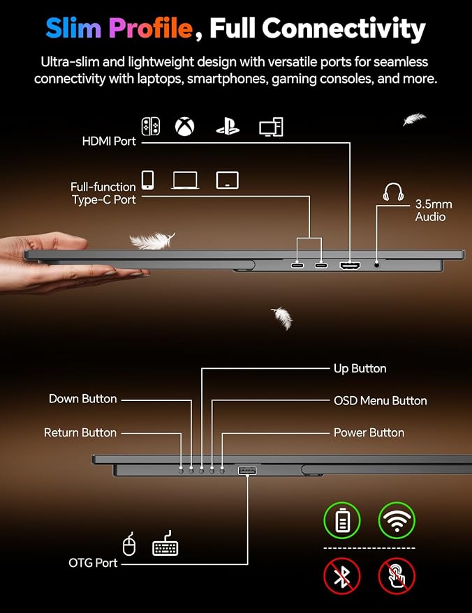HotYeah 18.5" 100Hz Wireless Portable Monitor w/Rechargeable 10000 mAh Battery, Support AirPlay Miracast, 1080P IPS Monitor USB-C HDMI External Display, 2nd Screen for Laptop MacBook PC Phone Tablet