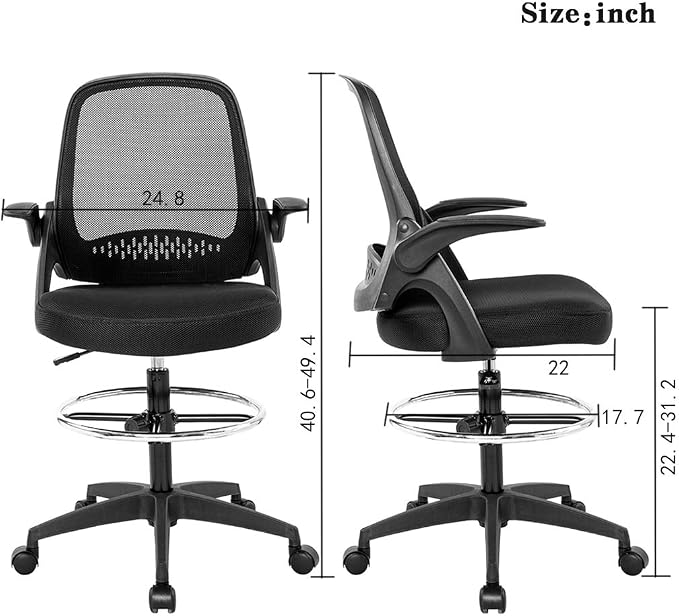 BestOffice Drafting Chair Tall Office Chair Standing Desk Chair Mesh Computer Chair Adjustable Height with Lumbar Support Flip Up Arms Swivel Rolling Executive Chair,Black