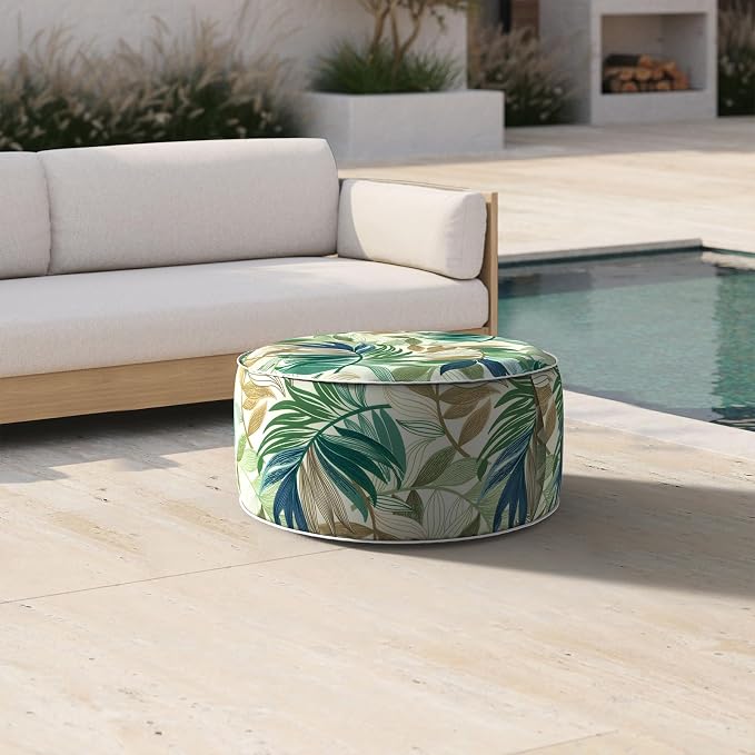 DYTXIII Inflatable Ottoman Stool D21 xH9 for Outdoor/Indoor Use, Water Repellent Patio Foot Rest Stool with Portable Handle,Round Pouf Ottoman Suitable for Garden,Deck and Camping - Lush Leaf Green