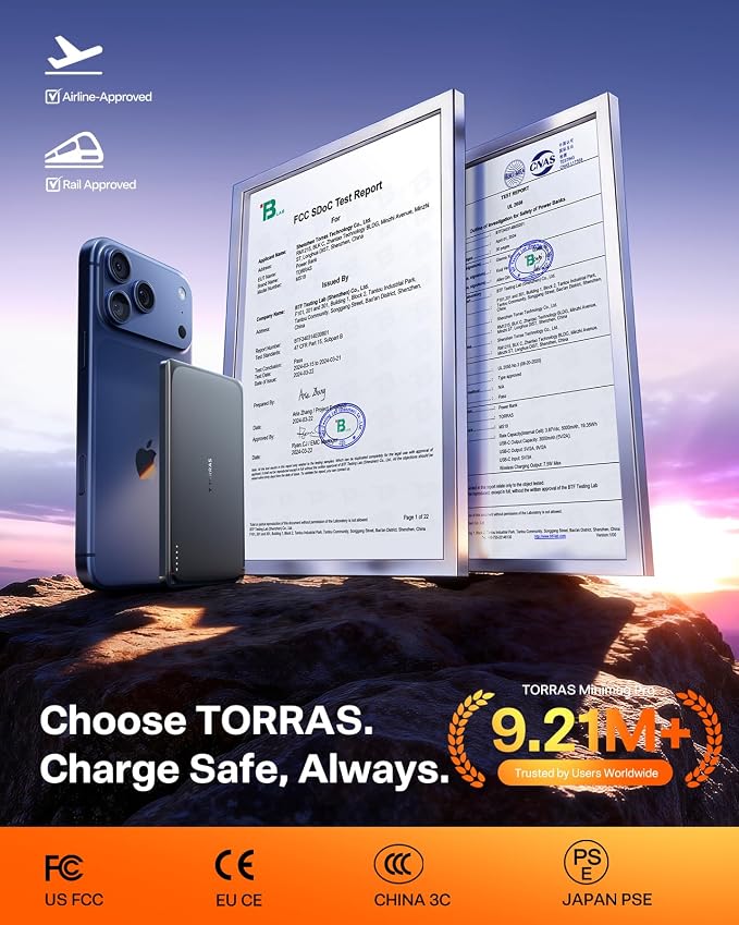 TORRAS MiniMag Pro Power Bank, Ultra Slim Semi Solid-State Portable Charger, Wireless 5,000mAh Magnetic Battery Pack for iPhone 17/16/15/14/13/12, Fast Charging, Infinite Grey