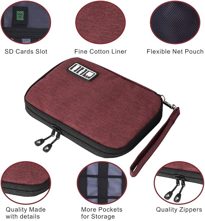 Travel Cable Organizer Bag Waterproof Portable Electronic Accessories Organizer for USB Cable Cord Phone Charger Headset Wire SD Card with 5pcs Cable Ties(Red)