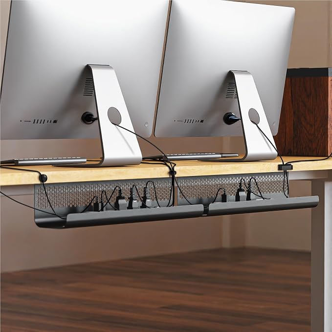 KHAMAL Cable Management Under Desk 52PCS - Cable Management Tray Kit Ventilated Hexagonal Design with Cable Clips, Wire Ties, Cord Holder & Screws for Office, Home - 4 Black Sets
