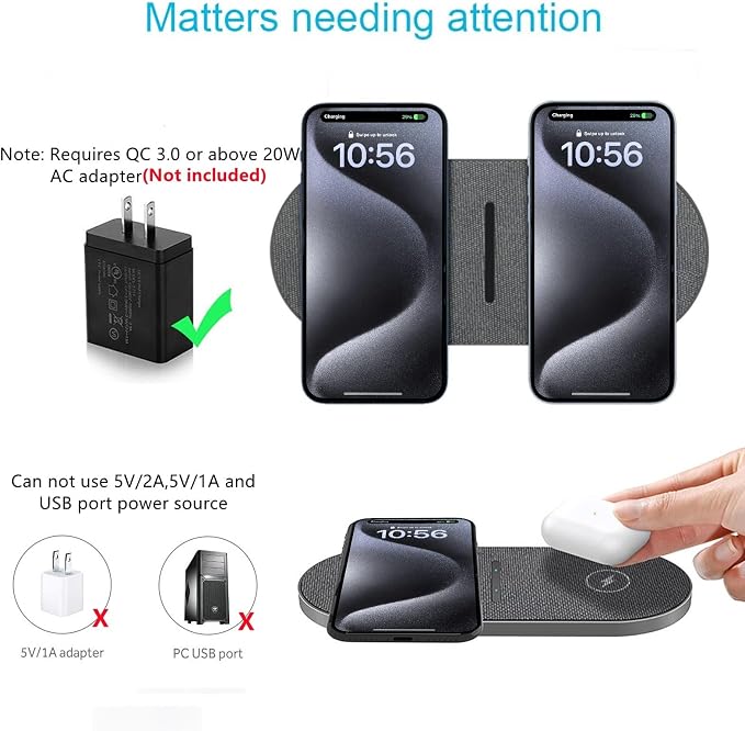 40W Wireless Charging Pad, Dual 20W Fast Wireless Charging Mat for iPhone 16 15 14 13 12 11/Pro/Pro Max/SE/X/XS,Apple Airpods 4/3/Pro,15W Wireless Charger Station for Samsung Galaxy/Note/Bud+